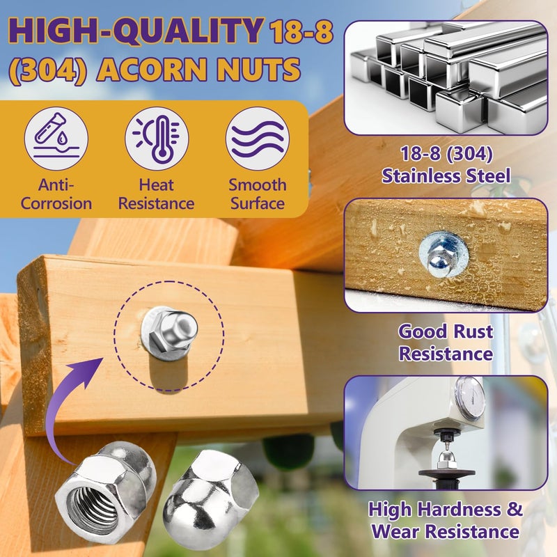 ZerDans M8-1.25mm Acorn Cap Nuts, 50Pcs Metric Hex Acorn Nuts Stainless Steel 18-8 (304) Caps for Indoor Outdoor Bolt Thread Dia Dome Head Hex Kit - Image 2